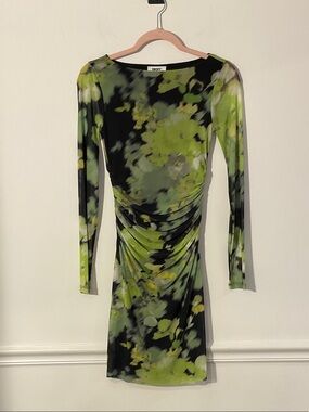 DKNY Green and Black Floral-Print Long Sleeve Ruched Dress